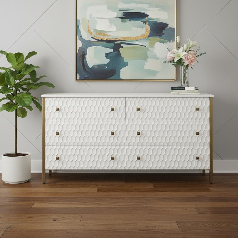 63" Gold And White Wood Carved Geometric Six Drawer Sideboard HomeRoots