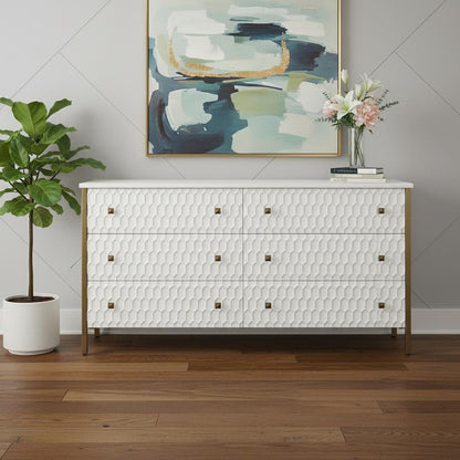 63" Gold And White Wood Carved Geometric Six Drawer Sideboard HomeRoots