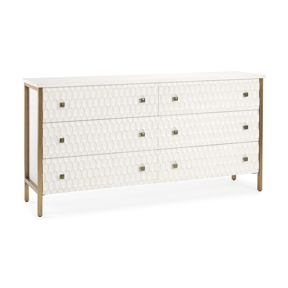 63" Gold And White Wood Carved Geometric Six Drawer Sideboard HomeRoots