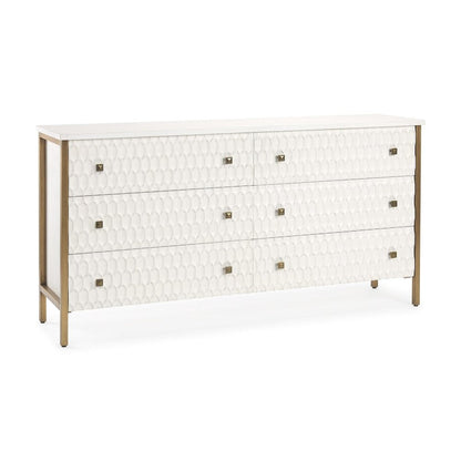 63" Gold And White Wood Carved Geometric Six Drawer Sideboard HomeRoots