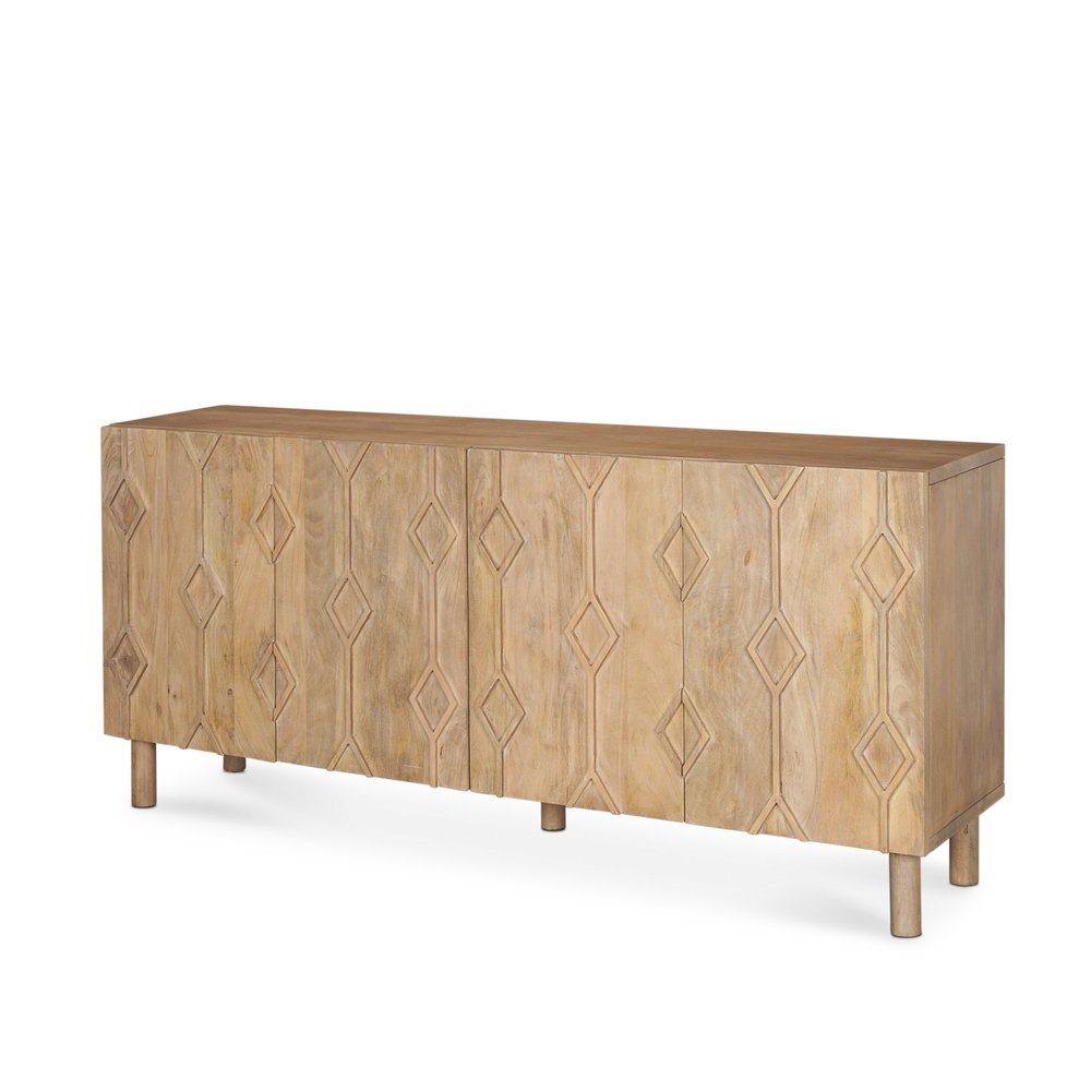 71" Light Brown Solid Wood Carved Geometric Sideboard Soft Close with Four Doors HomeRoots