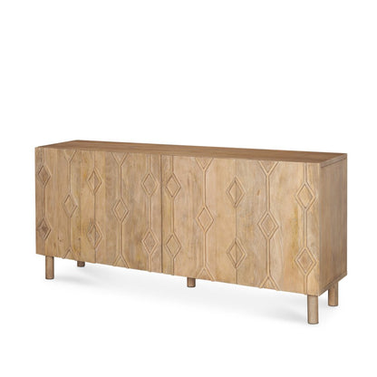 71" Light Brown Solid Wood Carved Geometric Sideboard Soft Close with Four Doors HomeRoots