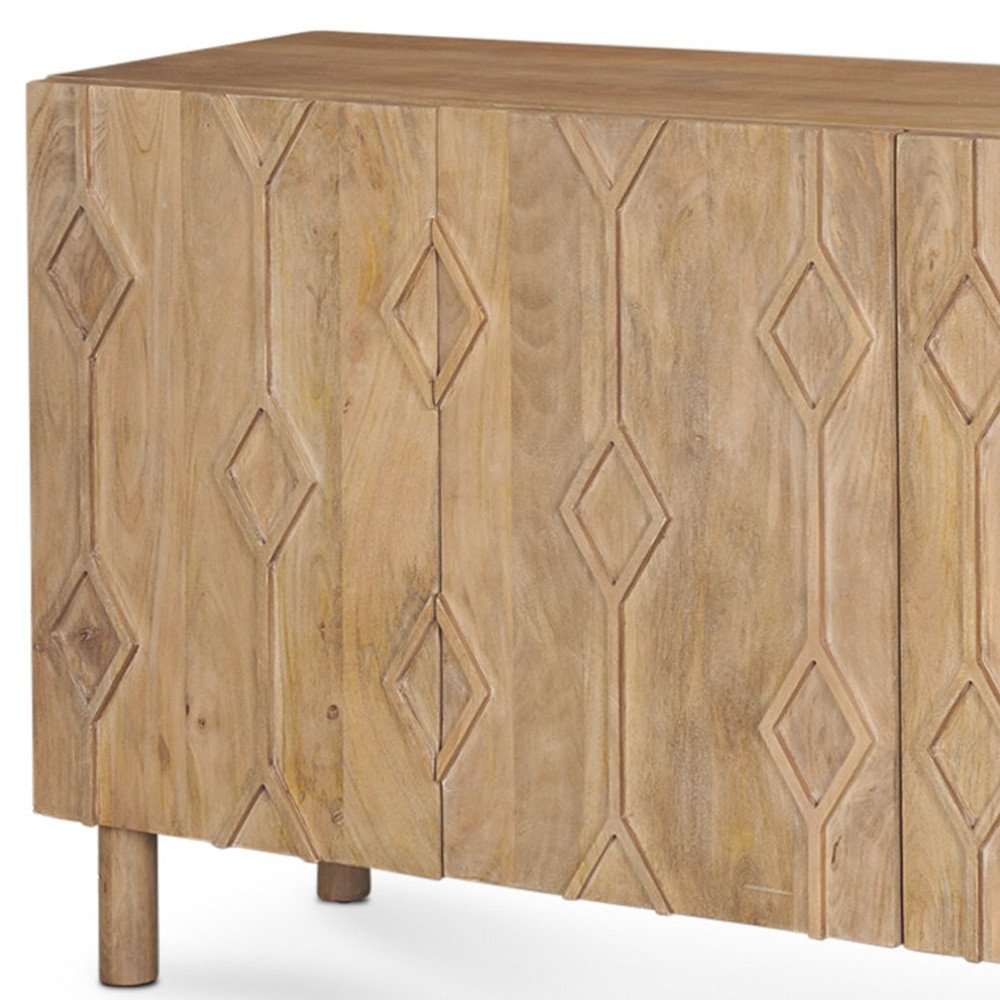 71" Light Brown Solid Wood Carved Geometric Sideboard Soft Close with Four Doors HomeRoots