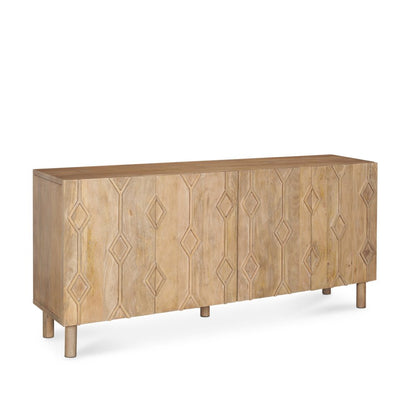 71" Light Brown Solid Wood Carved Geometric Sideboard Soft Close with Four Doors HomeRoots