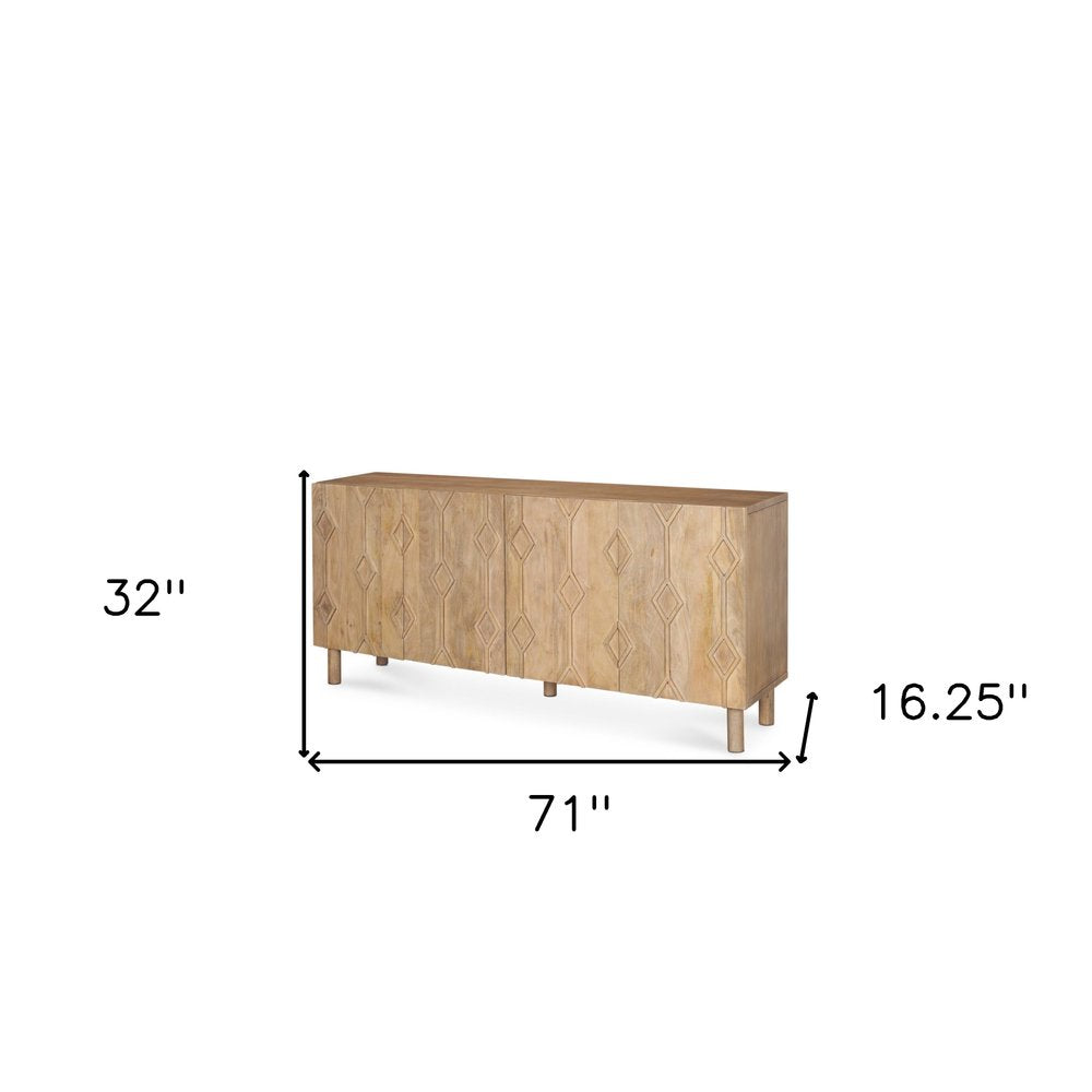 71" Light Brown Solid Wood Carved Geometric Sideboard Soft Close with Four Doors HomeRoots