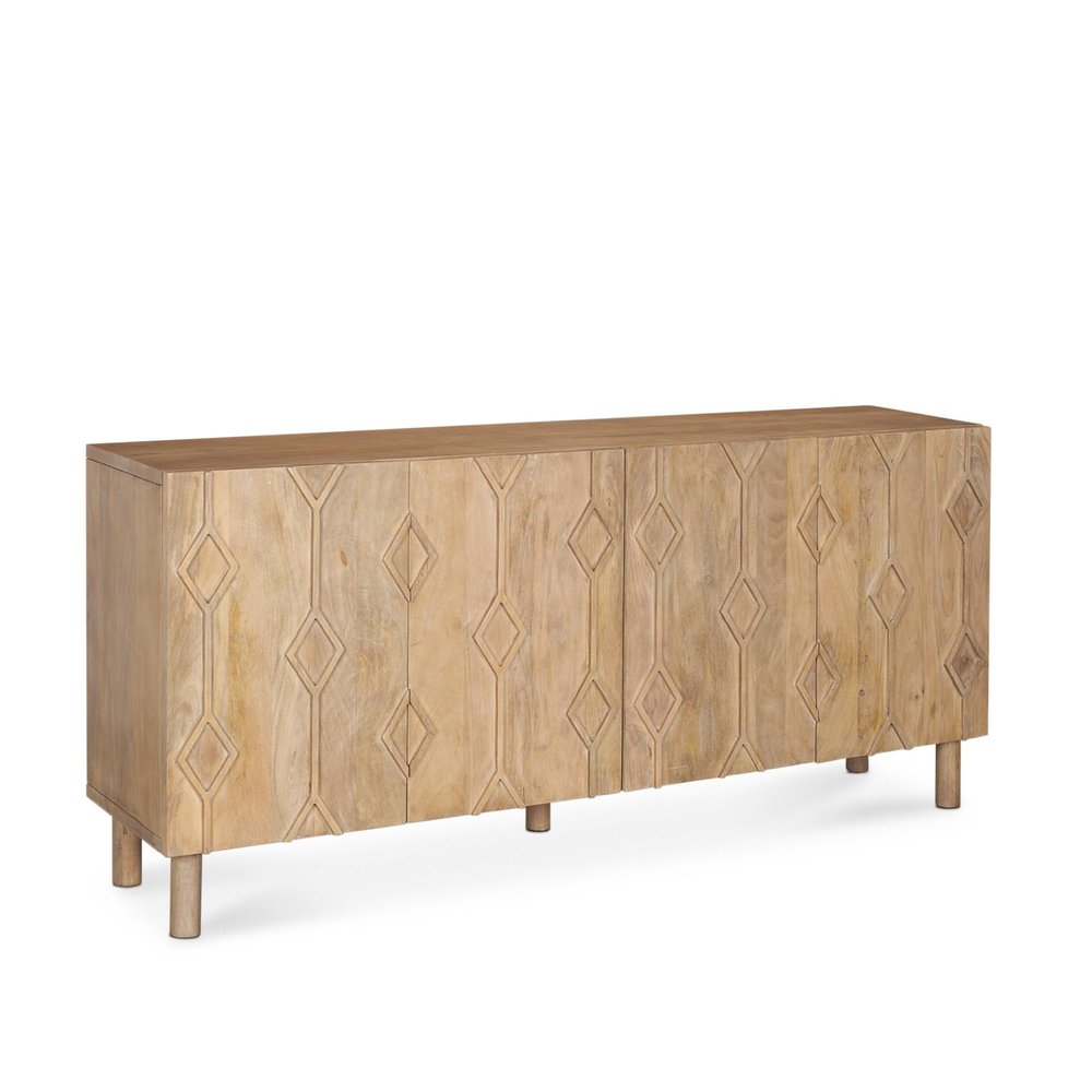 71" Light Brown Solid Wood Carved Geometric Sideboard Soft Close with Four Doors HomeRoots