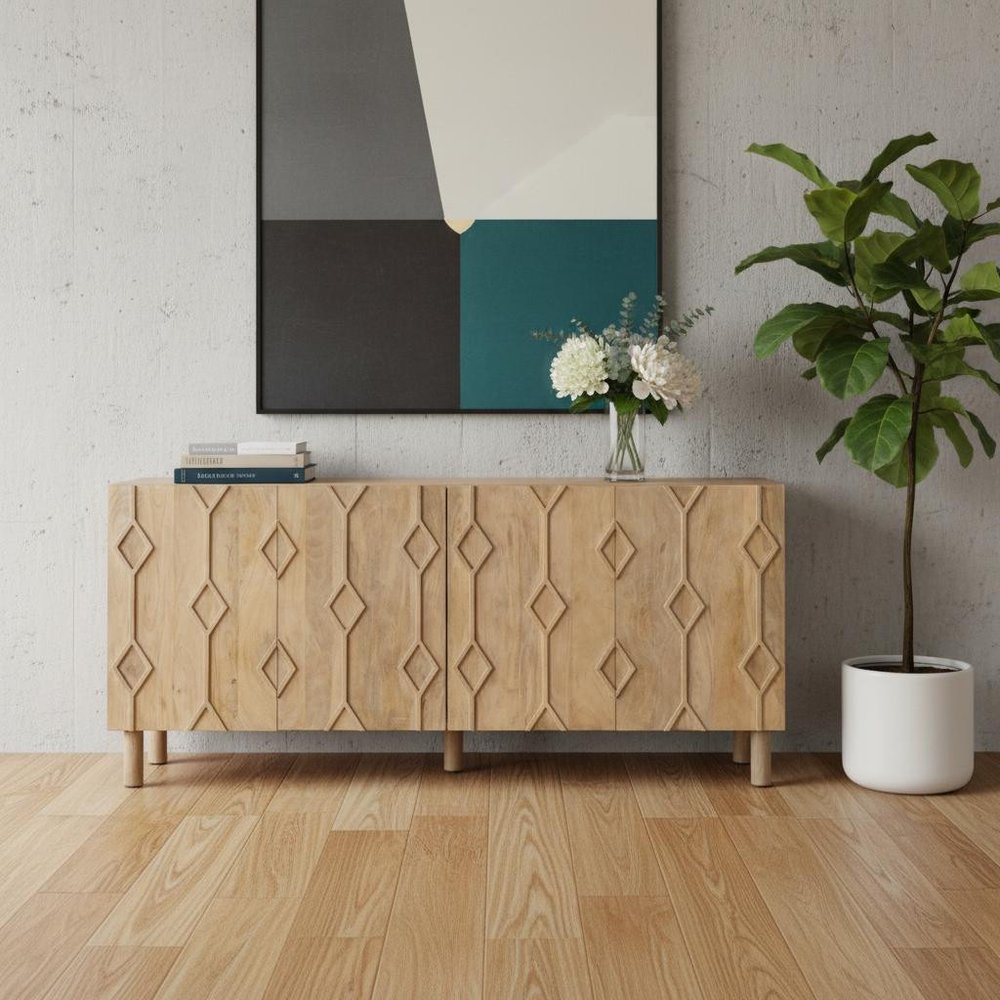 71" Light Brown Solid Wood Carved Geometric Sideboard Soft Close with Four Doors HomeRoots