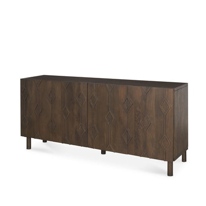 71" Dark Brown Solid Wood Carved Geometric Sideboard Soft Close with Four Doors HomeRoots