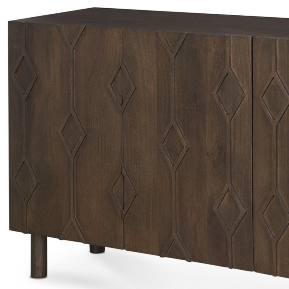 71" Dark Brown Solid Wood Carved Geometric Sideboard Soft Close with Four Doors HomeRoots