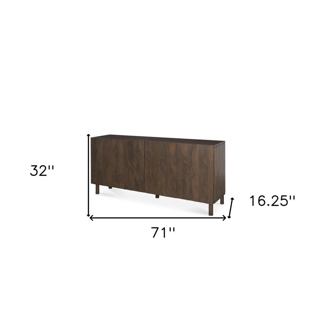 71" Dark Brown Solid Wood Carved Geometric Sideboard Soft Close with Four Doors HomeRoots