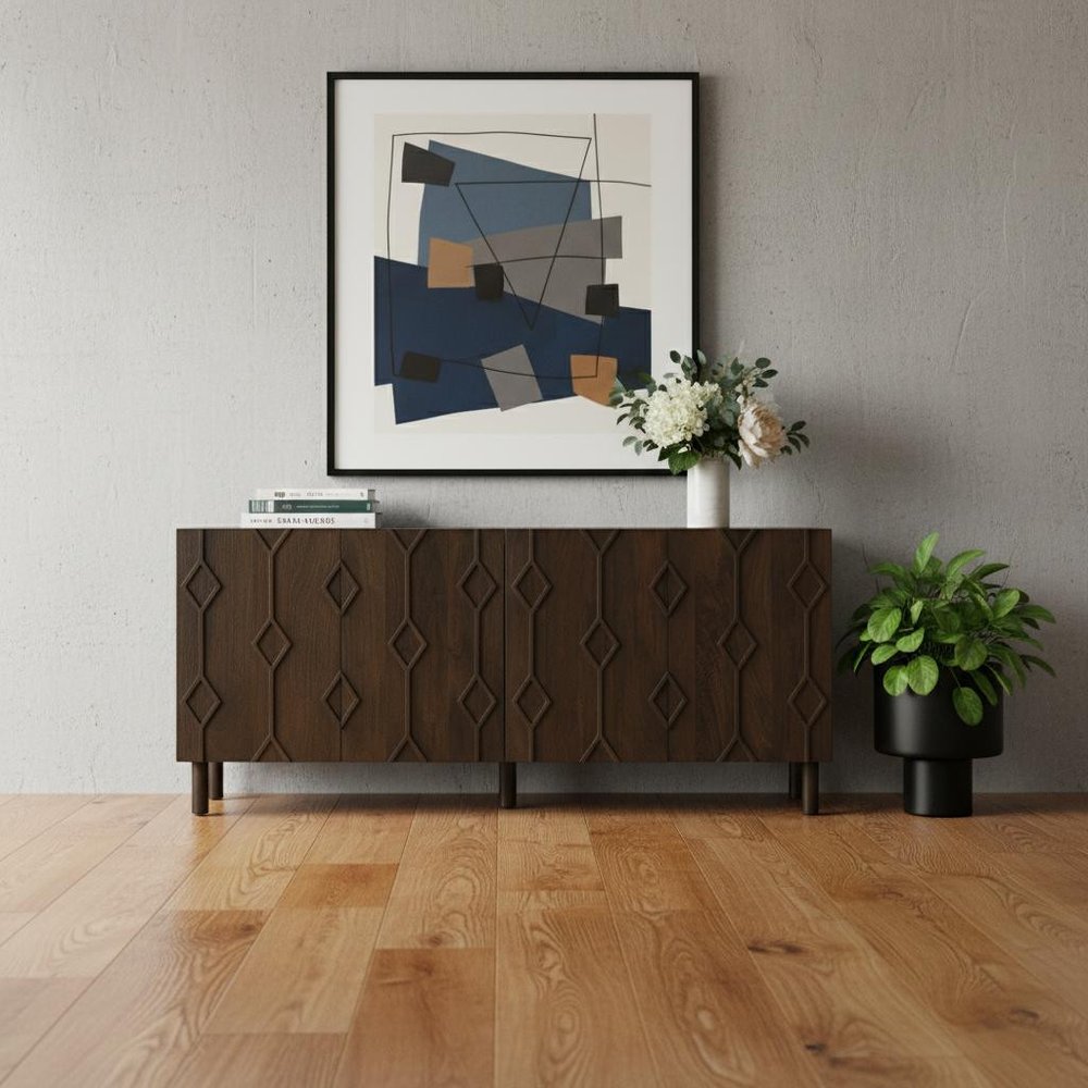 71" Dark Brown Solid Wood Carved Geometric Sideboard Soft Close with Four Doors HomeRoots