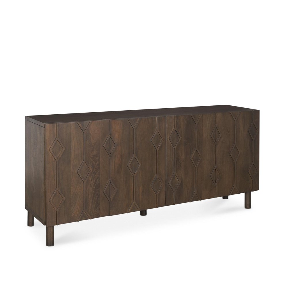 71" Dark Brown Solid Wood Carved Geometric Sideboard Soft Close with Four Doors HomeRoots