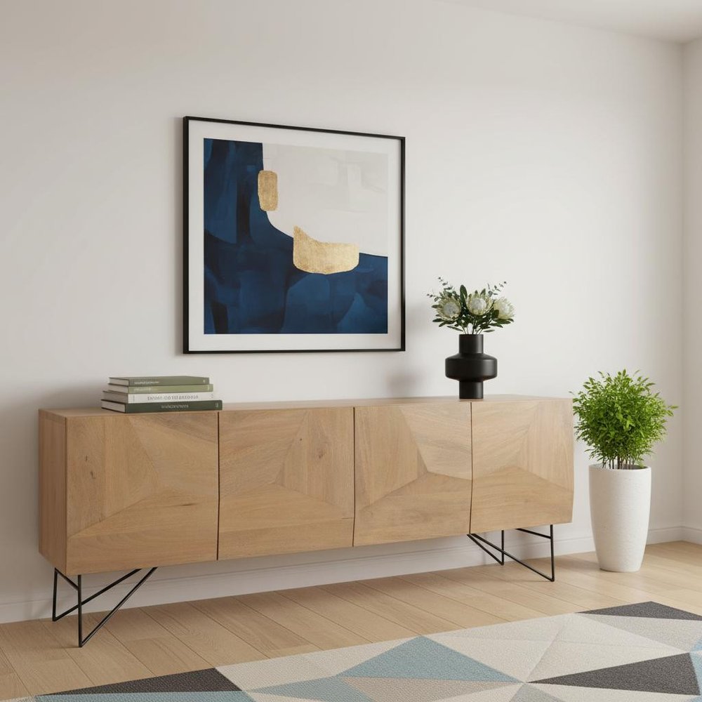 80" Black Solid Wood Sideboard Soft Close with Four Doors HomeRoots