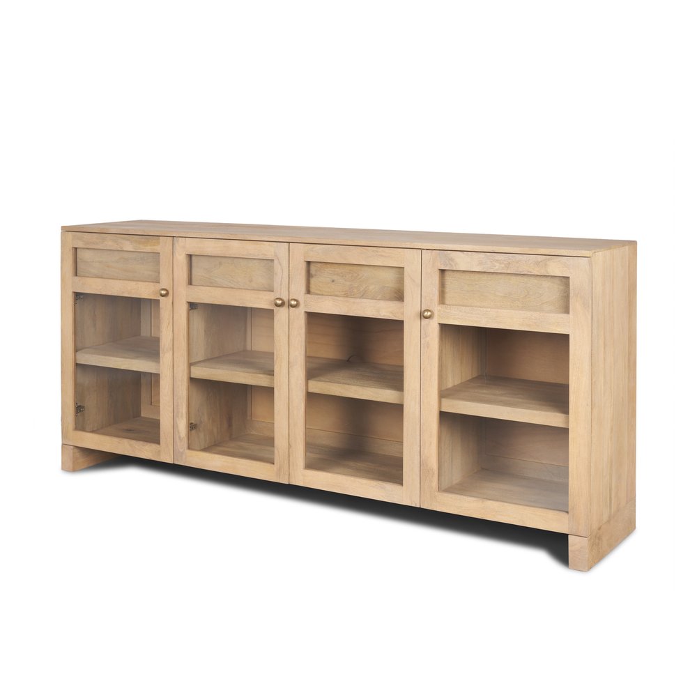80" Light Brown Solid Wood Three Drawer Sideboard Soft Close with Four Glass Doors HomeRoots