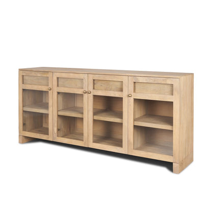 80" Light Brown Solid Wood Three Drawer Sideboard Soft Close with Four Glass Doors HomeRoots