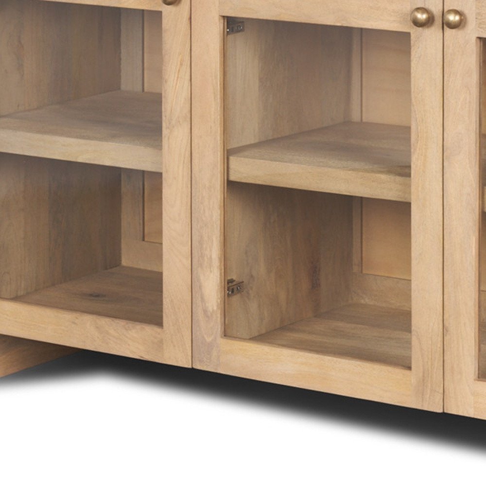 80" Light Brown Solid Wood Three Drawer Sideboard Soft Close with Four Glass Doors HomeRoots