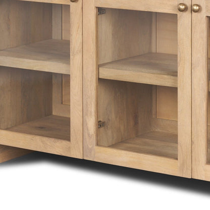 80" Light Brown Solid Wood Three Drawer Sideboard Soft Close with Four Glass Doors HomeRoots