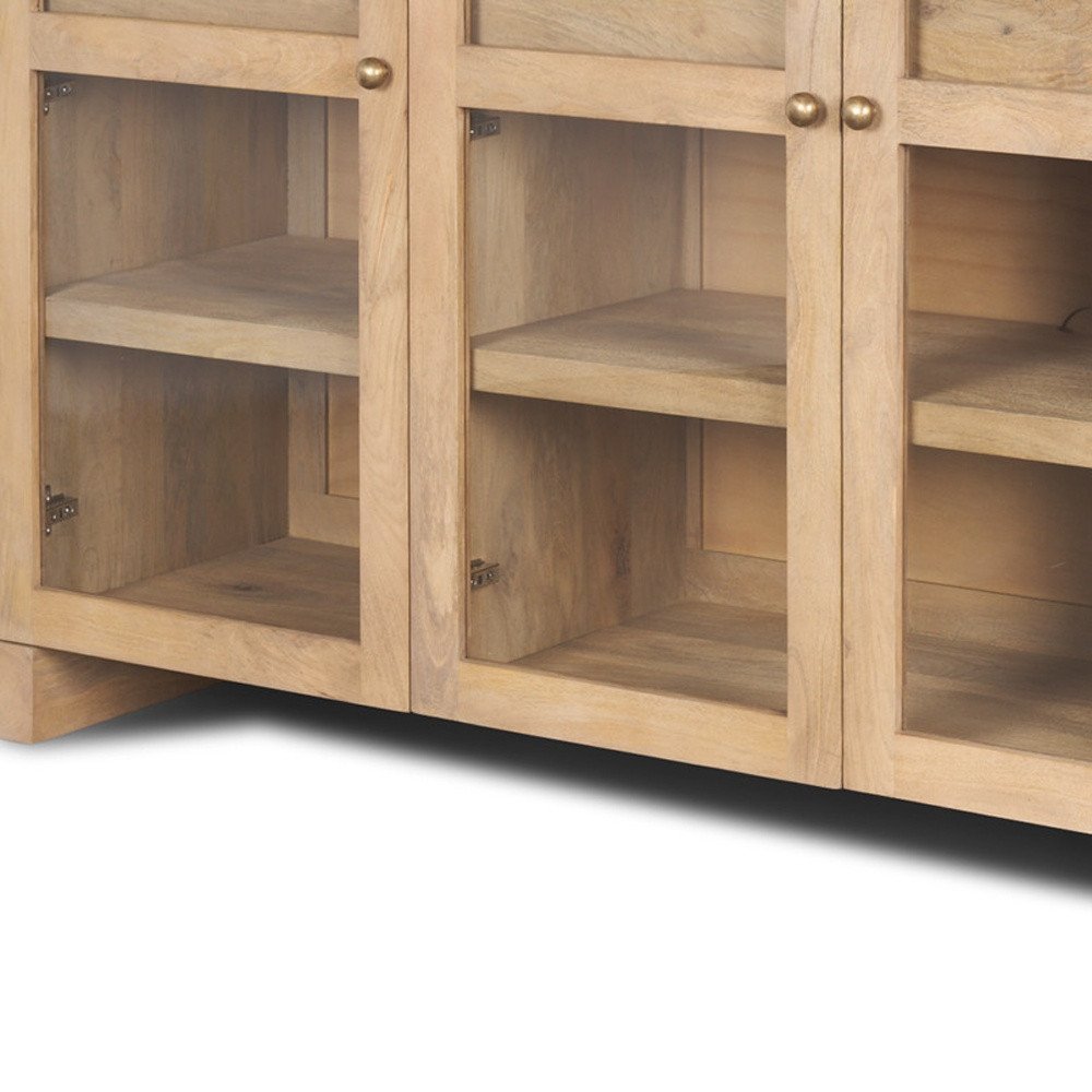 80" Light Brown Solid Wood Three Drawer Sideboard Soft Close with Four Glass Doors HomeRoots