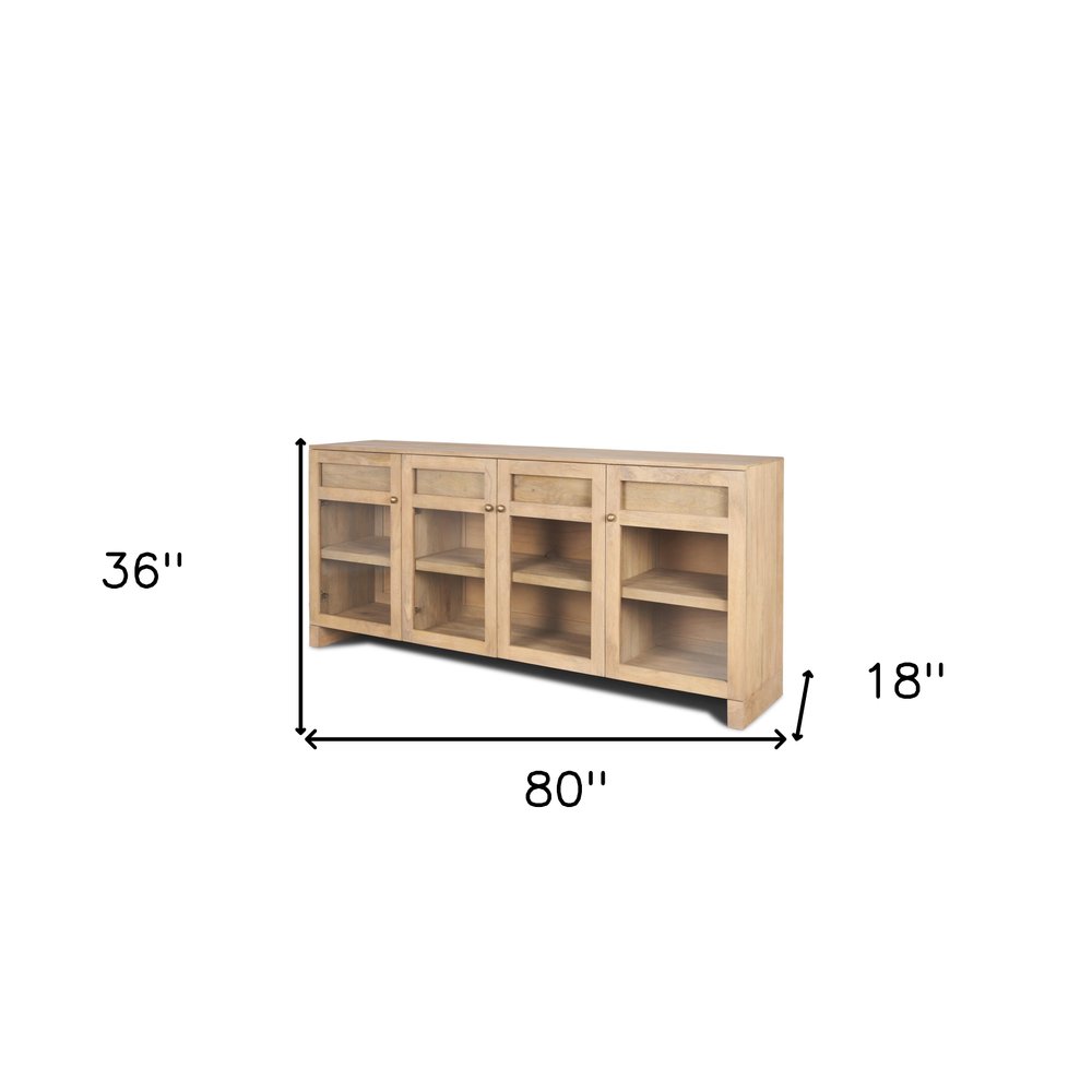 80" Light Brown Solid Wood Three Drawer Sideboard Soft Close with Four Glass Doors HomeRoots