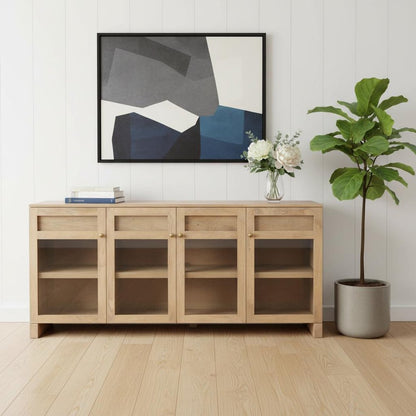 80" Light Brown Solid Wood Three Drawer Sideboard Soft Close with Four Glass Doors HomeRoots