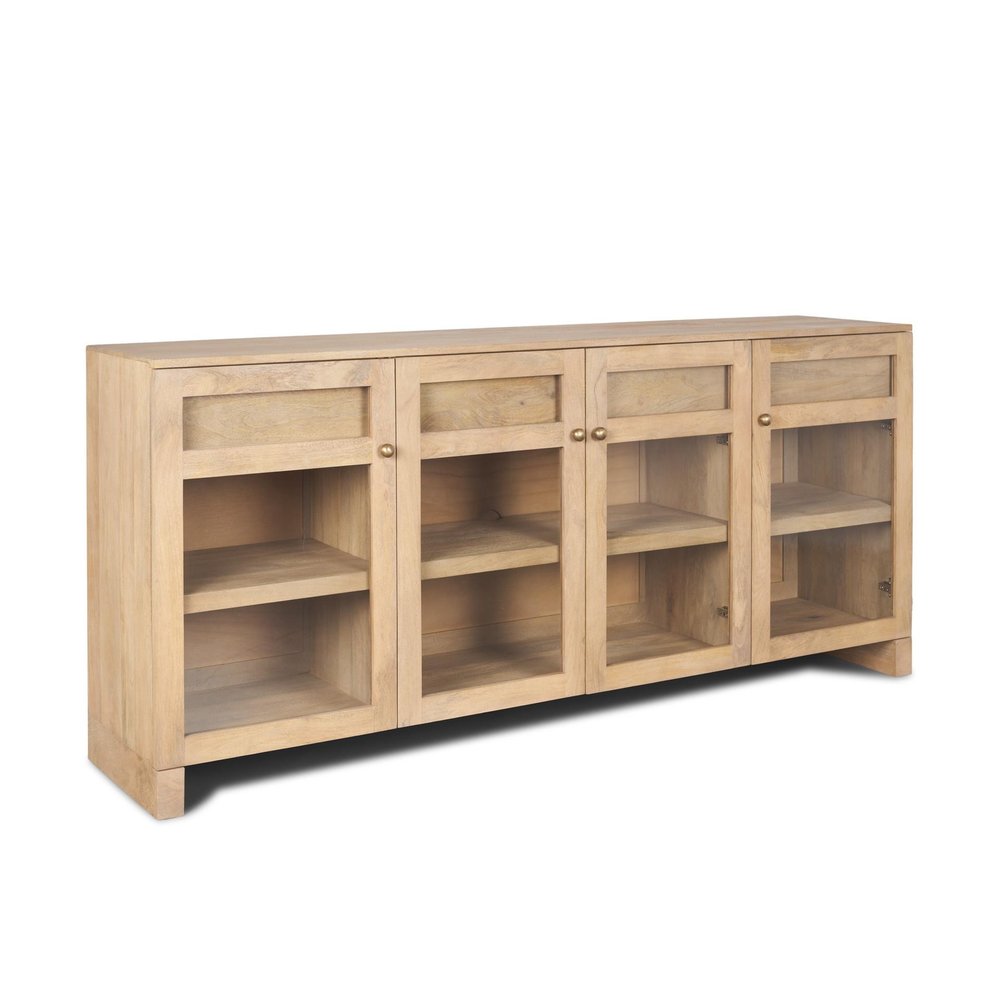 80" Light Brown Solid Wood Three Drawer Sideboard Soft Close with Four Glass Doors HomeRoots