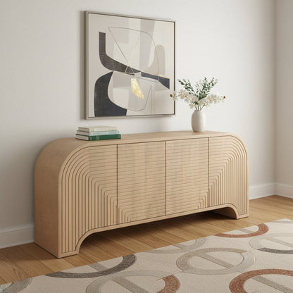 72" Natural Solid Wood Ribbed Texture Sideboard With Four Doors HomeRoots