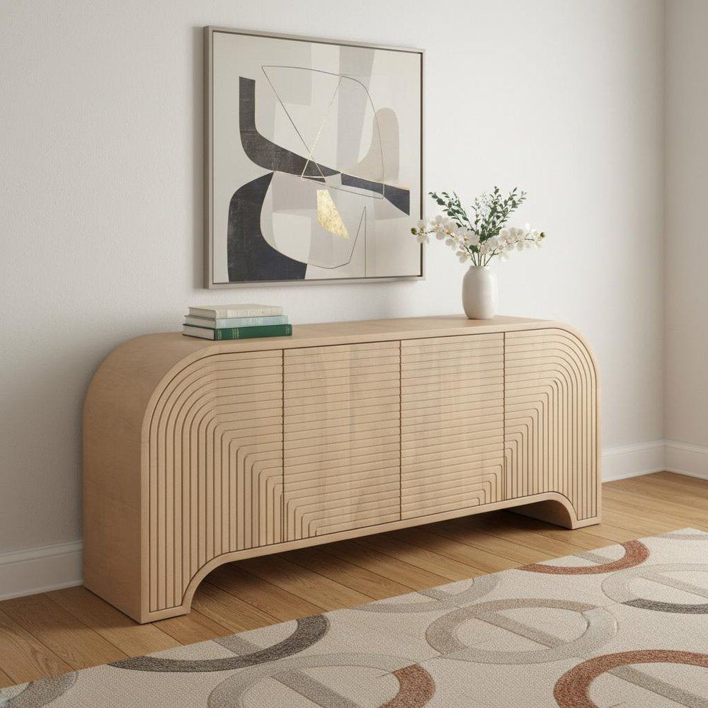 72" Natural Solid Wood Ribbed Texture Sideboard With Four Doors HomeRoots