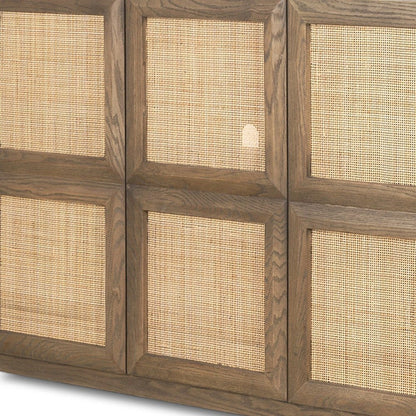 64" Brown And Natural Solid Wood Sideboard Soft Close with Four Doors HomeRoots