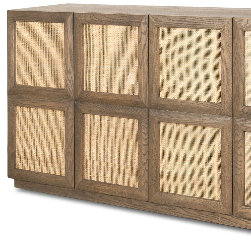 64" Brown And Natural Solid Wood Sideboard Soft Close with Four Doors HomeRoots