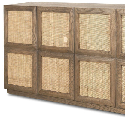 64" Brown And Natural Solid Wood Sideboard Soft Close with Four Doors HomeRoots