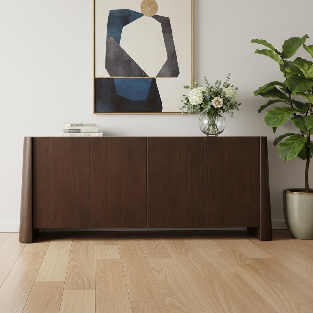 81" Brown Solid Wood Sideboard Soft Close with Four Doors HomeRoots