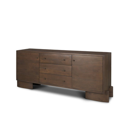 76" Brown Solid Wood Three Drawer Sideboard Soft Close with Two Doors HomeRoots