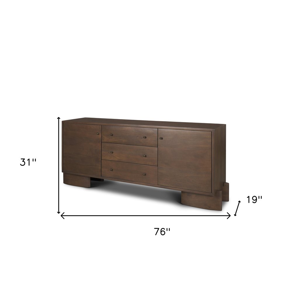 76" Brown Solid Wood Three Drawer Sideboard Soft Close with Two Doors HomeRoots