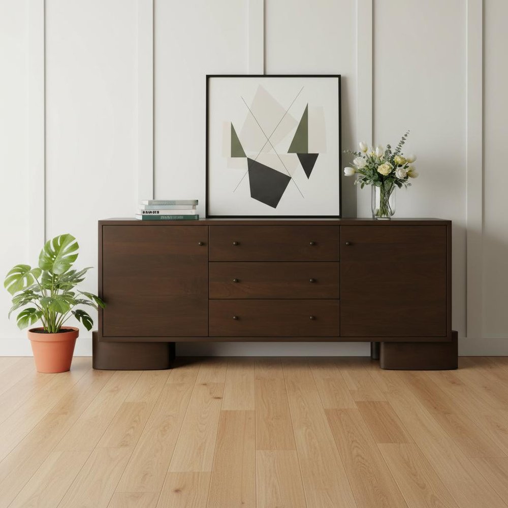 76" Brown Solid Wood Three Drawer Sideboard Soft Close with Two Doors HomeRoots
