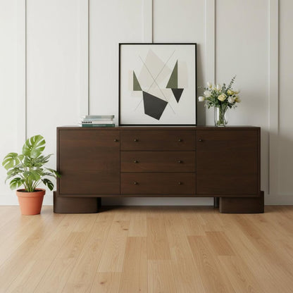76" Brown Solid Wood Three Drawer Sideboard Soft Close with Two Doors HomeRoots