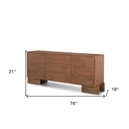 76" Brown Solid Wood Three Drawer Sideboard Soft Close with Two Doors HomeRoots