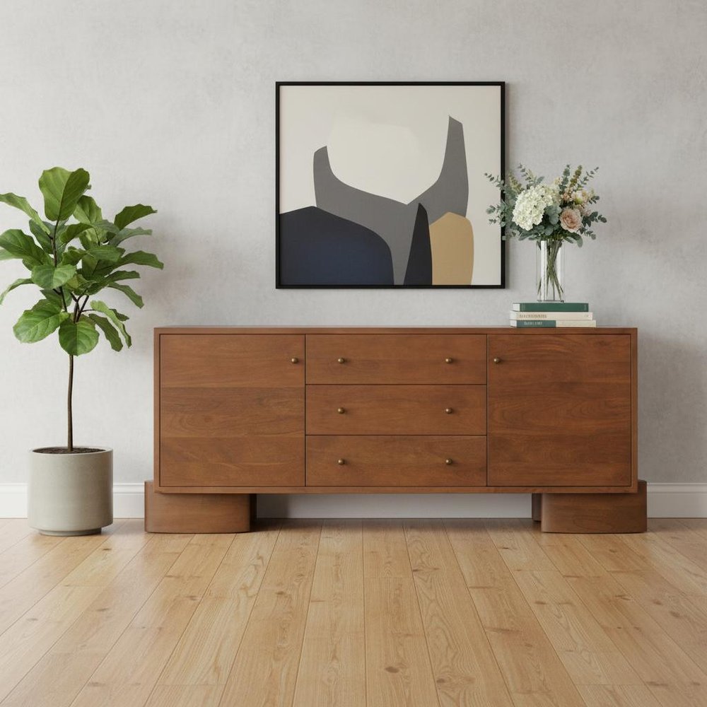 76" Brown Solid Wood Three Drawer Sideboard Soft Close with Two Doors HomeRoots