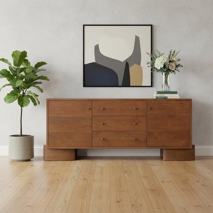 76" Brown Solid Wood Three Drawer Sideboard Soft Close with Two Doors HomeRoots