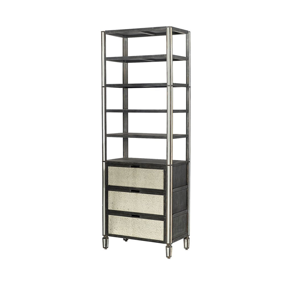32" Dark Brown Solid Wood and Mirrored Glass Four Tier Bookcase with Three Drawers HomeRoots