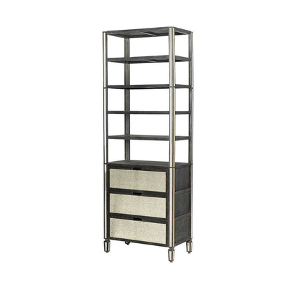 32" Dark Brown Solid Wood and Mirrored Glass Four Tier Bookcase with Three Drawers HomeRoots