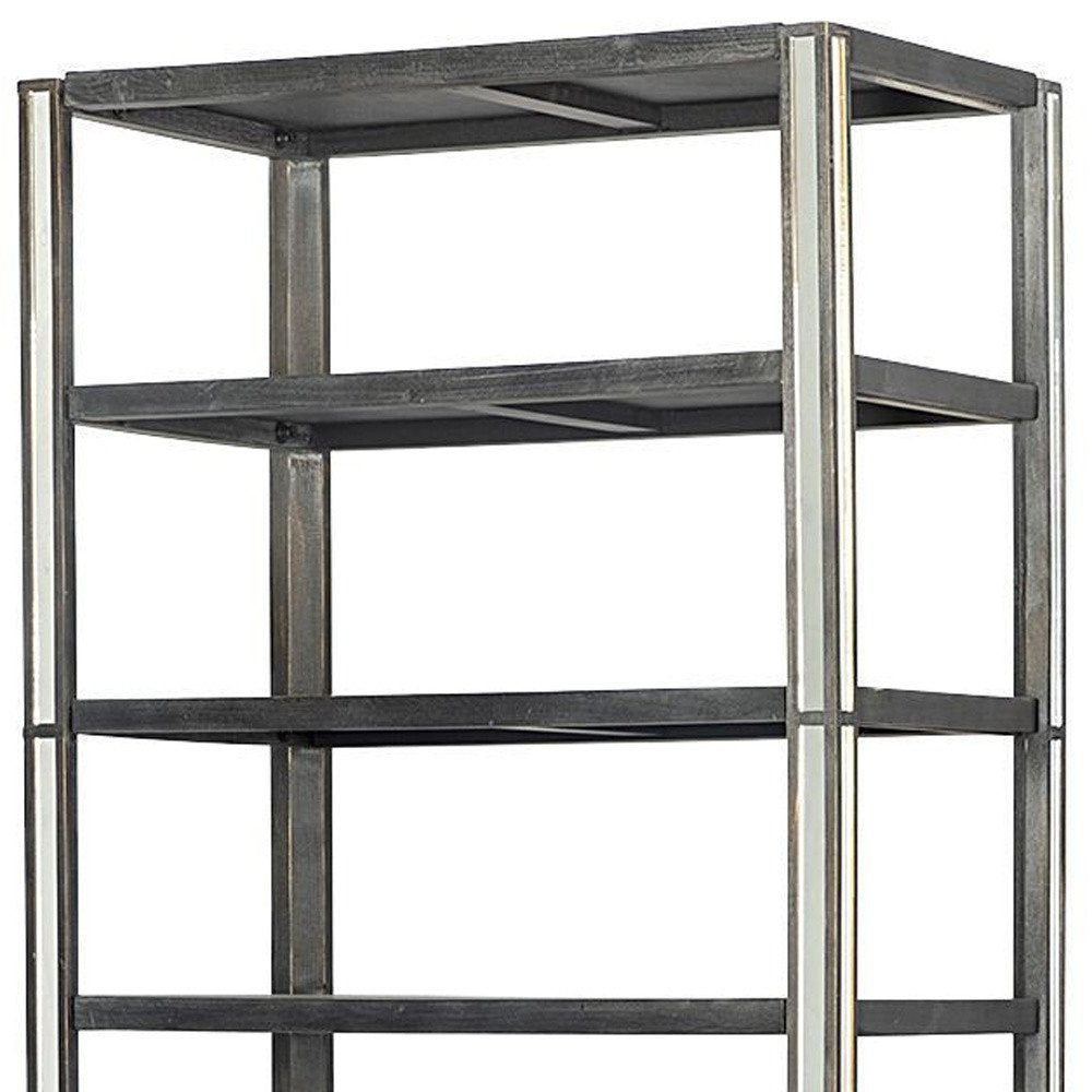 32" Dark Brown Solid Wood and Mirrored Glass Four Tier Bookcase with Three Drawers HomeRoots