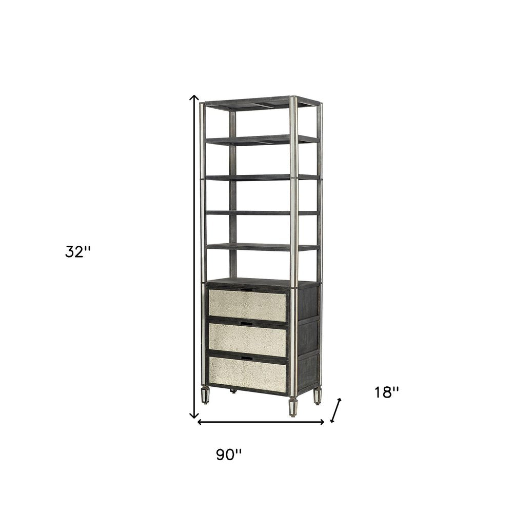 32" Dark Brown Solid Wood and Mirrored Glass Four Tier Bookcase with Three Drawers