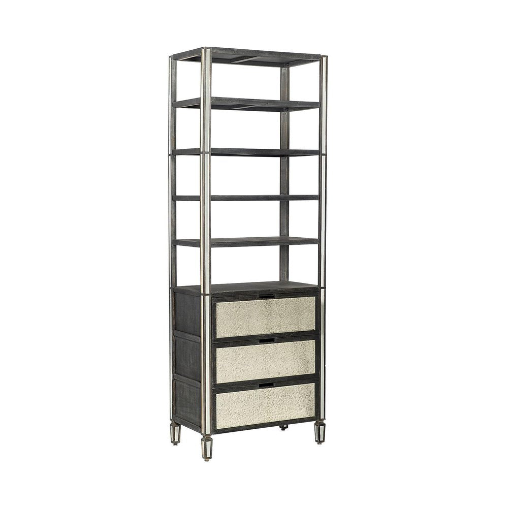 32" Dark Brown Solid Wood and Mirrored Glass Four Tier Bookcase with Three Drawers HomeRoots