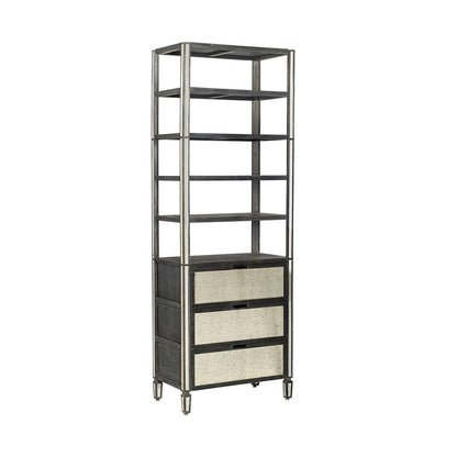 32" Dark Brown Solid Wood and Mirrored Glass Four Tier Bookcase with Three Drawers HomeRoots