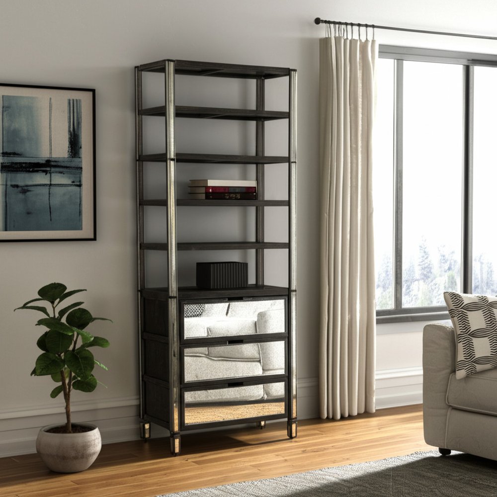 32" Dark Brown Solid Wood and Mirrored Glass Four Tier Bookcase with Three Drawers HomeRoots