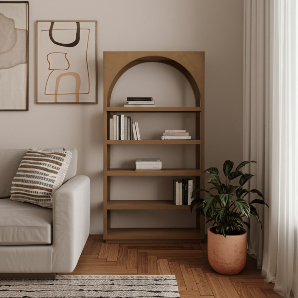47" Brown Arched Solid Wood Five Tier Bookcase — view 5