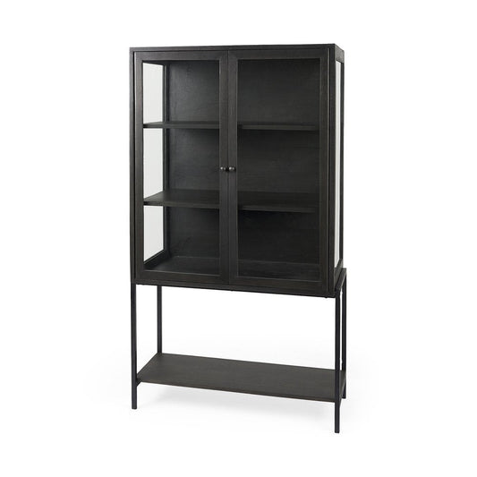 36" Black Solid Wood and Metal Display Cabinet With Two Doors