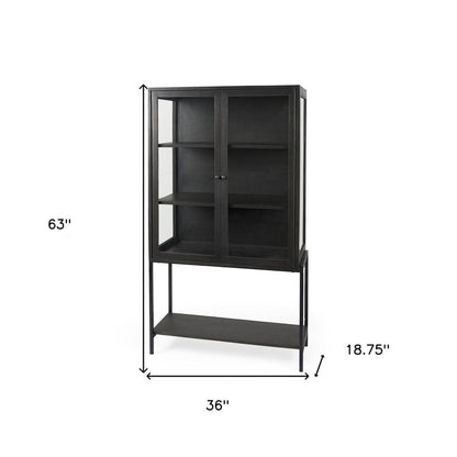 36" Black Solid Wood and Metal Display Cabinet With Two Doors HomeRoots