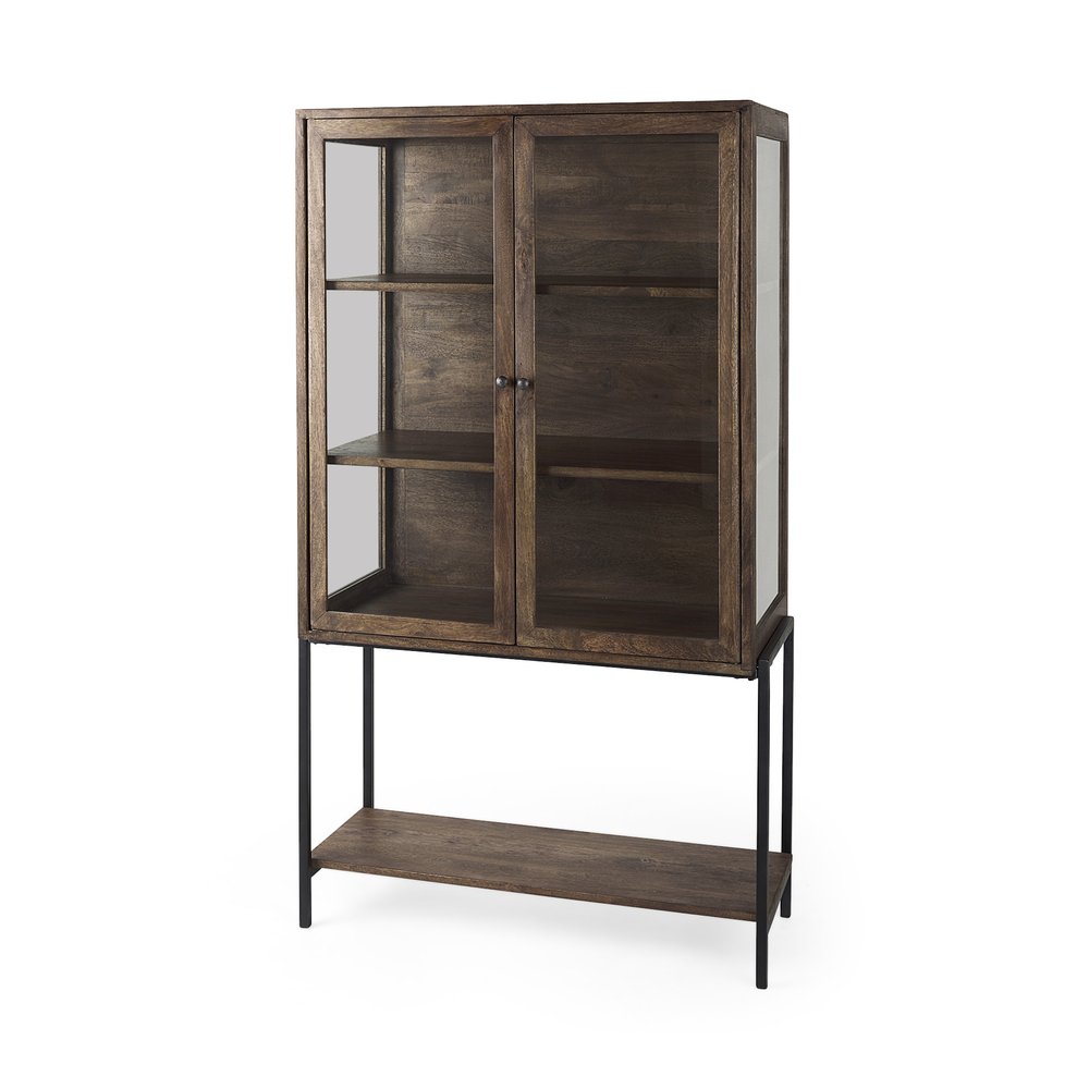 36" Brown and Black Solid Wood and Metal Display Cabinet With Two Doors — view 1