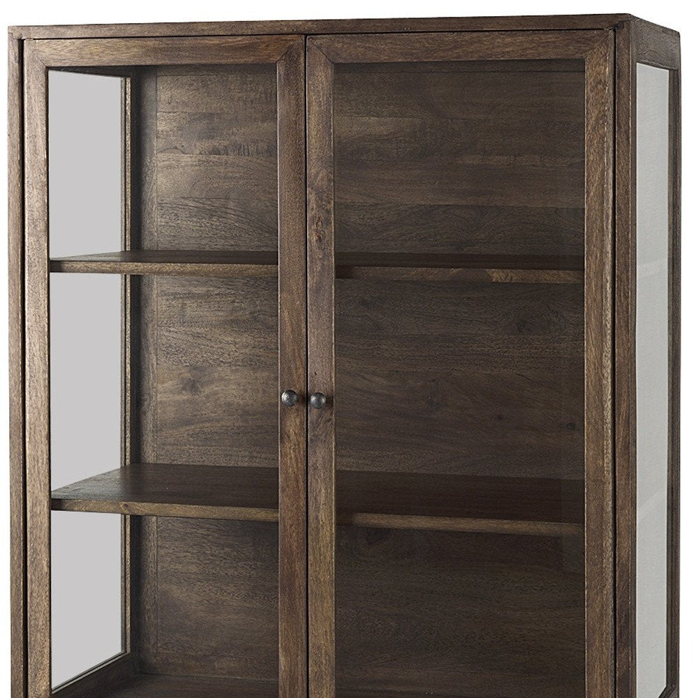 36" Brown and Black Solid Wood and Metal Display Cabinet With Two Doors HomeRoots